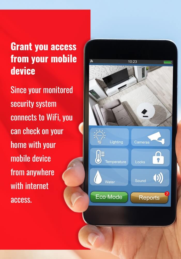 Grant you access from your mobile device. Since your monitored security system connects to WiFi, you can check on your home with your mobile device from anywhere with internet access.